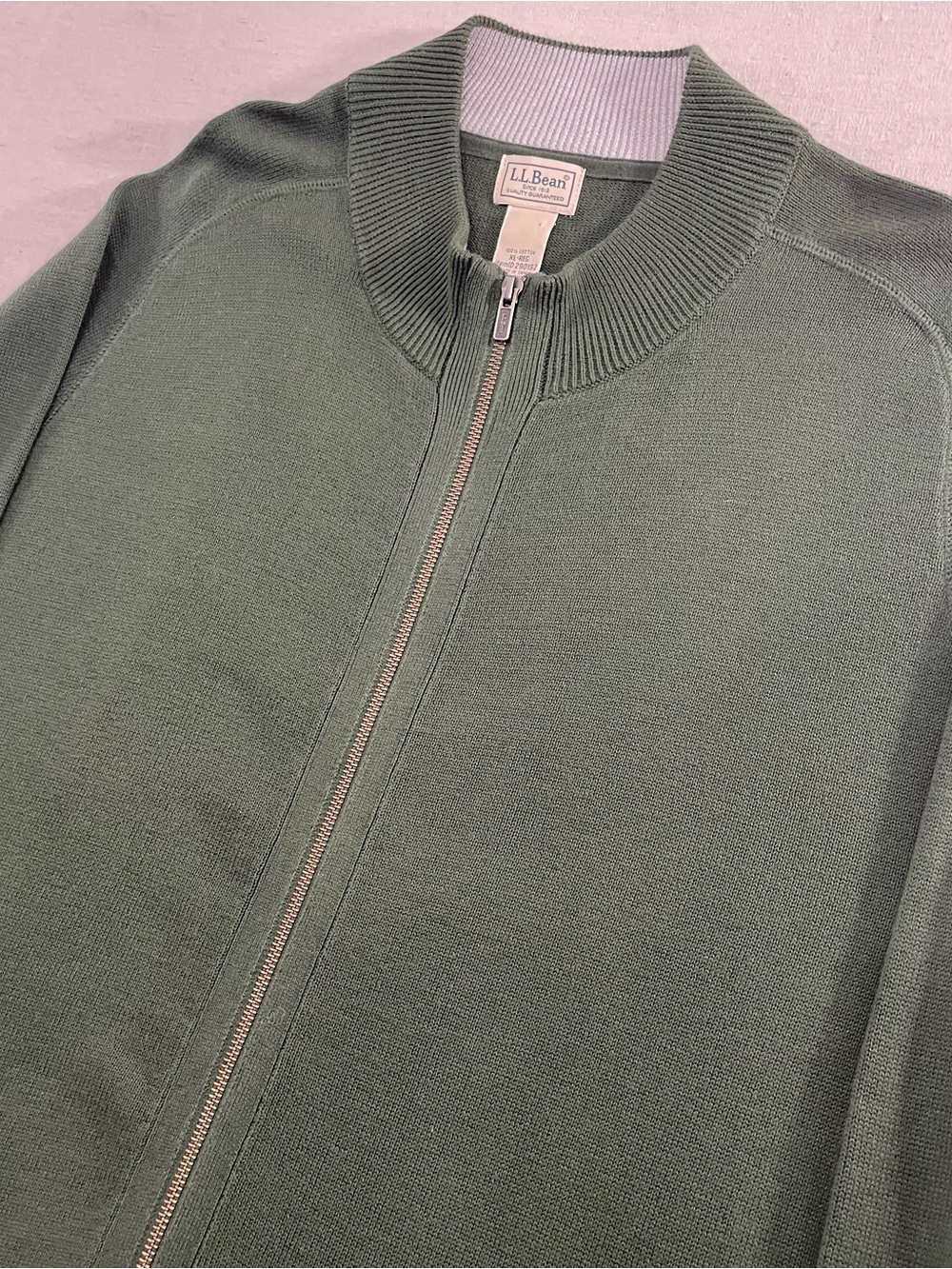 LL Bean Cardigan Sweater Mens Sz XL Reg Full Zip Mock Neck 100% Cotton Ribbed - Picture 3 of 11